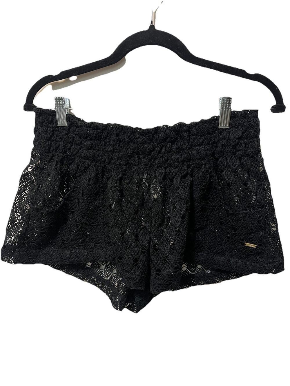 Rampage Crochet Black Shorts Sz L Lace Boho Swim High Rise Y2K Wide Band Pockets